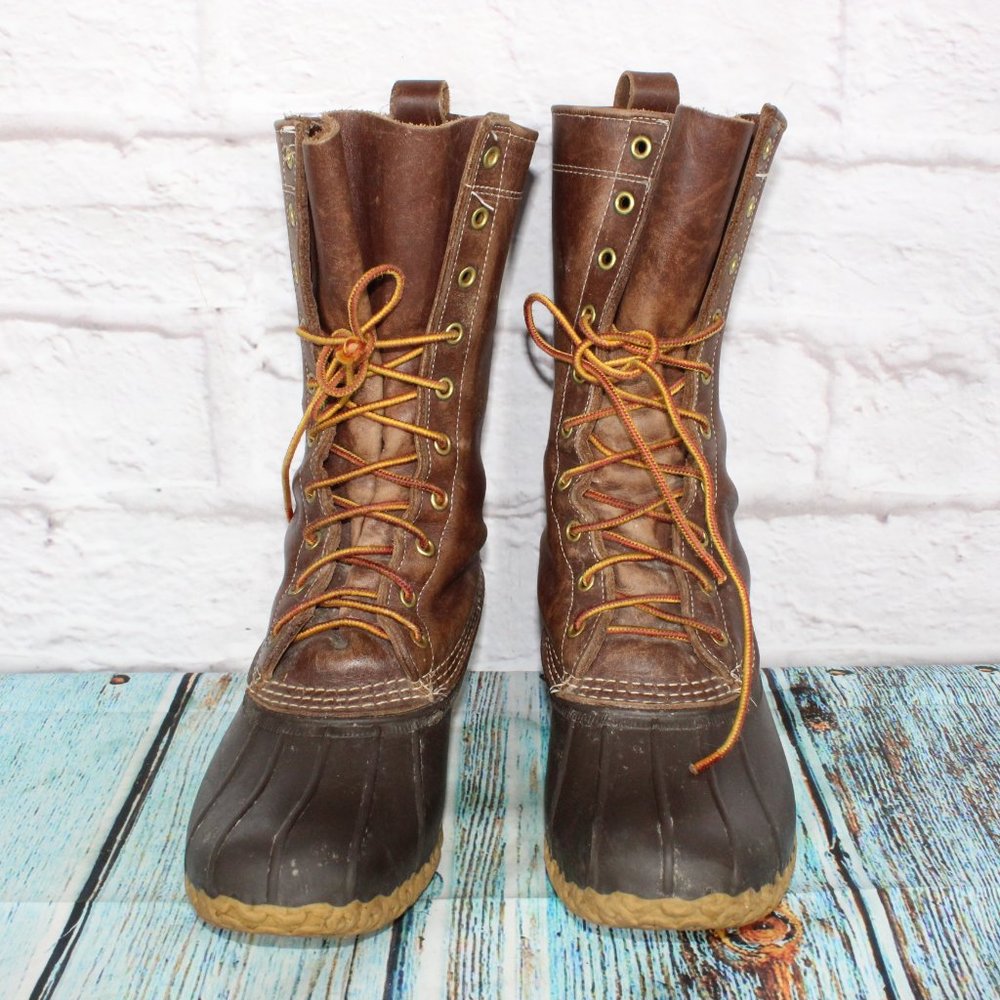 LL BEAN 11" Brown Leather Rubber Unlined Lace-up Ankle Duck Boots M 8 / L 10 - Picture 4 of 8
